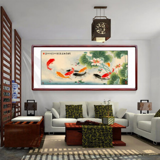 积善 中式客厅装饰画国画花鸟画九鱼图办公室沙发背景墙壁画卧室床头挂画走廊过道玄关字画 压花原木色 四尺带框165*80cm/幅