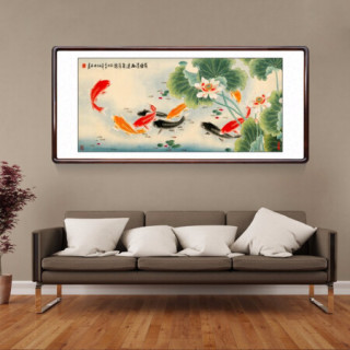 积善 中式客厅装饰画国画花鸟画九鱼图办公室沙发背景墙壁画卧室床头挂画走廊过道玄关字画 压花原木色 四尺带框165*80cm/幅