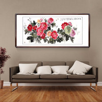积善  中式客厅装饰画手绘国画牡丹画卧室床头沙发背景墙壁画酒店办公室字画花开富贵卧室挂画 小六尺花开富贵B 小六尺带框217*83cm/幅