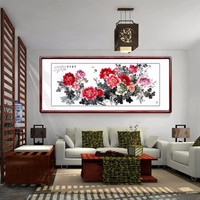 积善  中式客厅装饰画手绘国画牡丹画卧室床头沙发背景墙壁画酒店办公室字画花开富贵卧室挂画 小六尺花开富贵A 小六尺带框217*83cm/幅