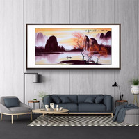 积善 手绘鸿运当头国画山水画客厅装饰画中式办公室字画挂画风水画靠山图聚宝盆沙发背景墙壁画 E款黄杨柚木色 四尺带框165*80cm/幅