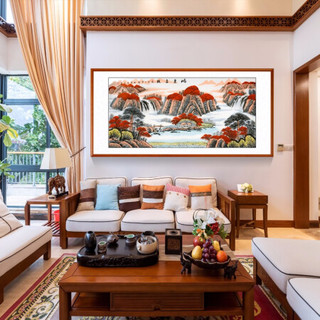 积善 手绘鸿运当头国画山水画客厅装饰画中式办公室字画挂画风水画靠山图聚宝盆沙发背景墙壁画 E款压花原木色 四尺带框165*80cm/幅