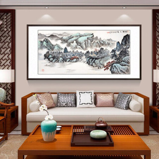 积善 手绘鸿运当头国画山水画客厅装饰画中式办公室字画挂画风水画靠山图聚宝盆沙发背景墙壁画 E款压花原木色 四尺带框165*80cm/幅