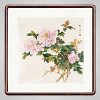积善 新中式国画斗方花鸟画花开富贵客厅沙发背景墙装饰画牡丹字画卧室走廊过道玄关挂画 花开富贵 65x65实木外框+有机玻璃