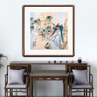 积善 新中式国画斗方花鸟画花开富贵客厅沙发背景墙装饰画牡丹字画卧室走廊过道玄关挂画 清雅为伴 55x55实木外框+有机玻璃