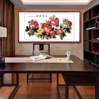 积善 新中式手绘牡丹画客厅装饰画国画花鸟画沙发背景墙壁画卧室餐厅走廊玄关挂画床头字画 L款 大六尺带框217x110cm/幅