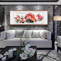 积善  新中式手绘国画花鸟画牡丹字画客厅沙发背景墙装饰画卧室床头挂画玄关走廊壁画 富贵吉祥A 小六尺带框83*217cm/幅