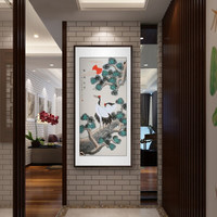 积善 新中式手绘字画客厅玄关装饰画竖版走廊过道壁画松鹤延年祝寿贺寿挂画 松鹤长春圆角黑胡桃色 165*80cm/幅(实木外框+有机玻璃)