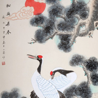 积善 新中式手绘字画客厅玄关装饰画竖版走廊过道壁画松鹤延年祝寿贺寿挂画 松鹤长春圆角花梨色 165*80cm/幅(实木外框+有机玻璃)