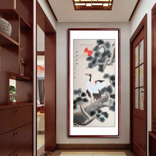 积善 新中式手绘字画客厅玄关装饰画竖版走廊过道壁画松鹤延年祝寿贺寿挂画 松鹤长春圆角花梨色 165*80cm/幅(实木外框+有机玻璃)