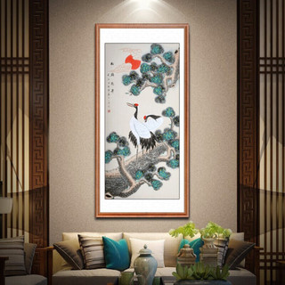 积善 新中式手绘字画客厅玄关装饰画竖版走廊过道壁画松鹤延年祝寿贺寿挂画 松鹤长春圆角花梨色 165*80cm/幅(实木外框+有机玻璃)
