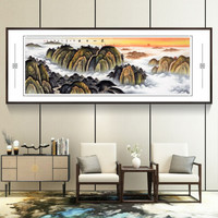 积善 手绘国画鸿运当头山水画办公室字画客厅装饰画餐厅沙发背景墙壁画现代中式家居挂画 泰山日出 小六尺217*83cm/幅（实木外框+有机玻璃）