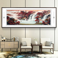 积善 手绘国画鸿运当头山水画办公室字画客厅装饰画餐厅沙发背景墙壁画现代中式家居挂画 旭日东升E 小六尺217*83cm/幅（实木外框+有机玻璃）