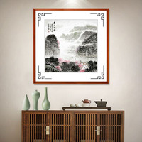 积善 现代中式手绘山水装饰画客厅沙发背景墙壁画风景挂画靠山办公室字画走廊过道玄关画 春江帆影-斗方 85*85cm/幅