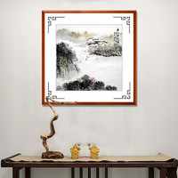 积善 现代中式手绘山水装饰画客厅沙发背景墙壁画风景挂画靠山办公室字画走廊过道玄关画 春江积翠图-斗方 85*85cm/幅