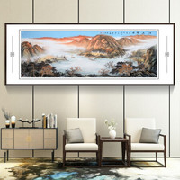积善 中式纯手绘国画山水画客厅装饰画办公室字画书房挂画风水聚宝盆沙发背景墙壁画靠山图风景画 江山揽胜B 小六尺带框217x83cm/幅
