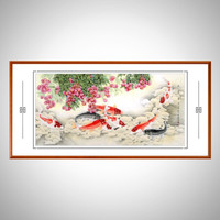 积善 新中式客厅装饰画荔枝花鸟画办公室字画书房挂画沙发背景墙壁画大吉大利餐厅画 九鱼图 横幅 四尺 三尺125*65cm/幅