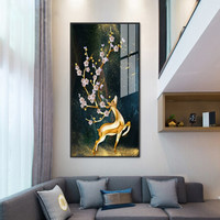 忆画轻奢玄关装饰画晶瓷画石来运转现代北欧客厅挂画书房酒店办公室过道走廊竖版走廊铝合金框壁画 D-鹿角生花 60*120cm拉丝亮钛金框