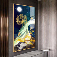 忆画轻奢玄关装饰画晶瓷画石来运转现代北欧客厅挂画书房酒店办公室过道走廊竖版走廊铝合金框壁画 T-鹿踏祥云 50*100cm拉丝雅黑框