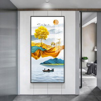 忆画轻奢玄关装饰画晶瓷画石来运转现代北欧客厅挂画书房酒店办公室过道走廊竖版走廊铝合金框壁画 E-福佑山河 40*80cm拉丝雅黑框