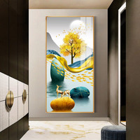 忆画轻奢玄关装饰画晶瓷画石来运转现代北欧客厅挂画书房酒店办公室过道走廊竖版走廊铝合金框壁画 F-福佑山河 60*120cm拉丝亮钛金框