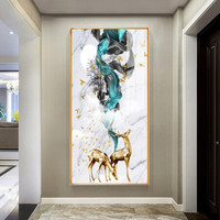 忆画轻奢玄关装饰画晶瓷画石来运转现代北欧客厅挂画书房酒店办公室过道走廊竖版走廊铝合金框壁画 O-福禄呈祥 70*140cm拉丝雅黑框