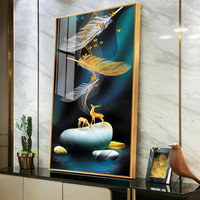 忆画轻奢玄关装饰画晶瓷画石来运转现代北欧客厅挂画书房酒店办公室过道走廊竖版走廊铝合金框壁画 G-鸿运福禄 50*100cm拉丝雅黑框