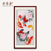 尚得堂手绘国画牡丹荷花九鱼图工笔画中式玄关过道走廊挂画装饰画 沙比利实木框-直角棕色-发顺丰 装裱65*125