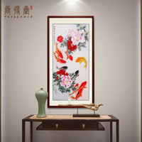 尚得堂手绘国画牡丹荷花九鱼图工笔画中式玄关过道走廊挂画装饰画 沙比利实木框-圆角棕色-发顺丰 装裱65*125