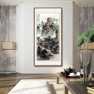 积善  新中式山水画客厅装饰画办公室沙发背景墙国画字画书房茶室挂画壁画风景靠山图 松岭归樵 四尺带框165*80cm/幅