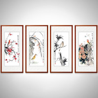 积善 中式客厅装饰画中堂国画字画梅兰竹菊四条屏玄关过道走廊沙发背景墙领导办公室书房挂画壁画 黄杨柚木色 带框105*50cm/幅