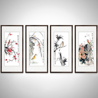 积善 中式客厅装饰画中堂国画字画梅兰竹菊四条屏玄关过道走廊沙发背景墙领导办公室书房挂画壁画 黄杨黑胡桃色 带框105*50cm/幅
