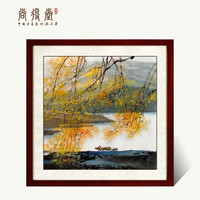 尚得堂 纯手绘国画山水画客厅沙发背景装饰画办公室字画玄关中式挂画水墨画牧牛图 沙比利实木框-直角棕色-发顺丰 定制尺寸请联系客服-发顺丰快递