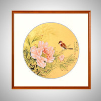积善 新中式客厅装饰画手绘牡丹花开富贵沙发背景墙字画卧室挂画走廊过道玄关画 鸟语花香 65*65cm/幅