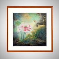 积善 新中式客厅装饰画手绘荷花客厅沙发背景墙字画卧室挂画走廊过道玄关画 荷塘雅趣 四尺斗方85*85cm/幅