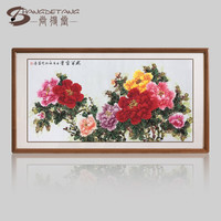 尚得堂手绘国画中式客厅装饰画牡丹横幅壁画卧室挂画花开富贵 沙比利实木框-圆角原木色-发顺丰 装裱218*88