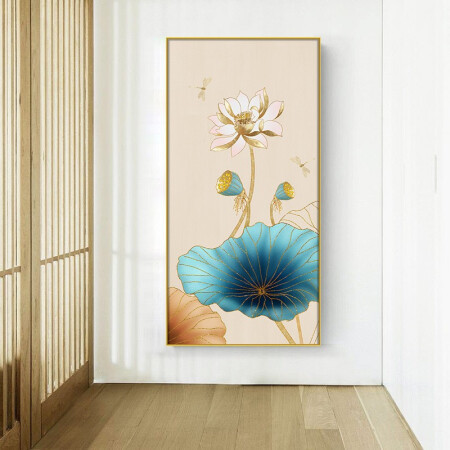 轩色手绘玄关装饰画新中式单幅原创竖版荷花抽象油画创意艺术挂画