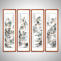 积善 手绘山水画中堂客厅装饰画中式领导办公室沙发背景墙国画字画书房茶室挂画壁画四条屏风景走廊玄关画 经典花梨色 165*50cm/幅