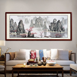 尚得堂名家手绘国画山水画客厅背景墙装饰画云峰竞秀办公室大气靠山字画水墨画 沙比利实木框-直角原木色-发顺丰 装裱165*85
