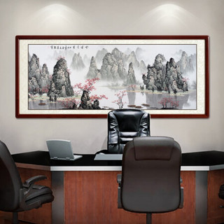 尚得堂名家手绘国画山水画客厅背景墙装饰画云峰竞秀办公室大气靠山字画水墨画 沙比利实木框-直角原木色-发顺丰 装裱165*85