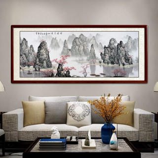 尚得堂名家手绘国画山水画客厅背景墙装饰画云峰竞秀办公室大气靠山字画水墨画 沙比利实木框-直角原木色-发顺丰 装裱165*85