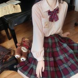 春日制服部 圣诞藤 jk制服 羊毛百褶红色格裙