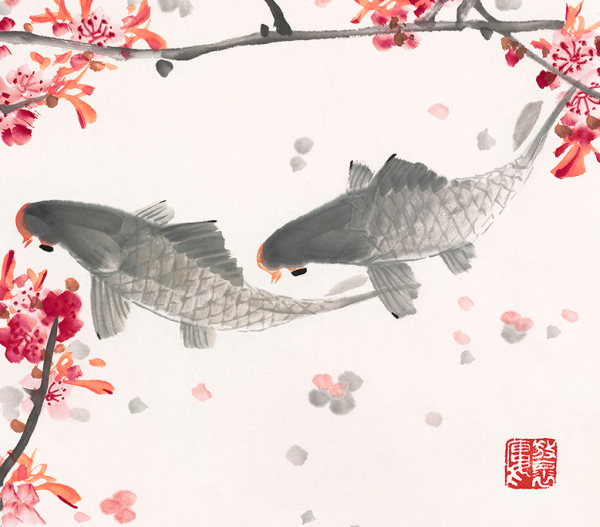 橙舍陈永锵中式九鱼图国画桃江春暖装裱80x160cm宣纸雅致红褐