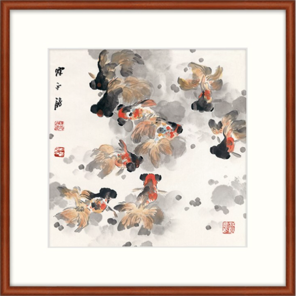 橙舍陈永锵限量九鱼图装饰画畅游装裱60x60cm宣纸雅致原木