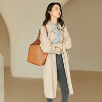 【2021秋装新品】复古双排扣可拆双层领绑带收腰女士长款风衣 S 卡其色