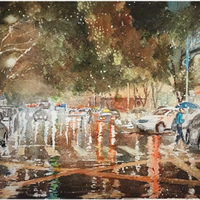 ARTMORN 墨斗鱼艺术 王思琪《雨夜街头》22×34cm 2020年 水彩原作 三联画 北欧欧式卧室装饰画