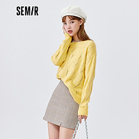 Semir 森马 毛衫女小心机镂空2021秋季圆领宽松纯色基础叠穿上衣女士14050070301奶黄L