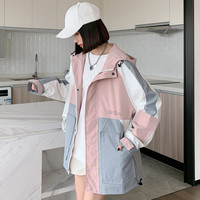 唐狮 TONLION2021外套女新款韩版宽松风衣工装连帽拼接外套时尚休闲百搭款 S 温室粉