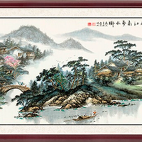 BASISHOME 倍思家 新中式客厅装饰画沙发背景墙壁画 春雨江南 60×135cm 油画布 风景墙画山水画