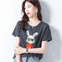 MARK FAIRWHALE 马克华菲 碳灰色短袖T恤女2021年夏季新款宽松大码烫画小兔T恤上衣